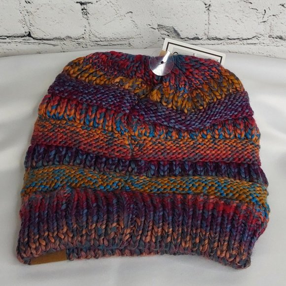 'C.C BEANIE' MESSY BUN BEANIE TAIL' VARIEGATED STRIPE - Picture 4 of 16